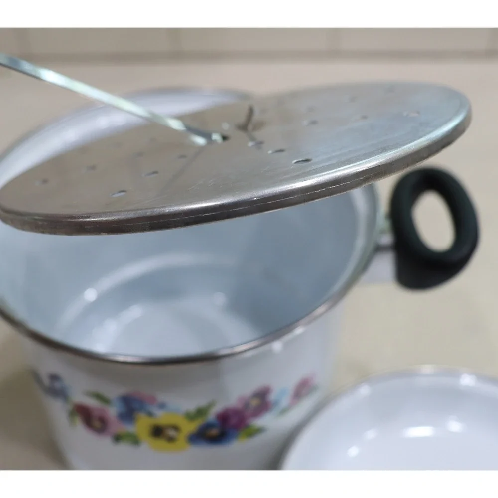 Vintage GMI Enamelware Steamer Pot with Insert Floral Pansy White 5.75x7.5in